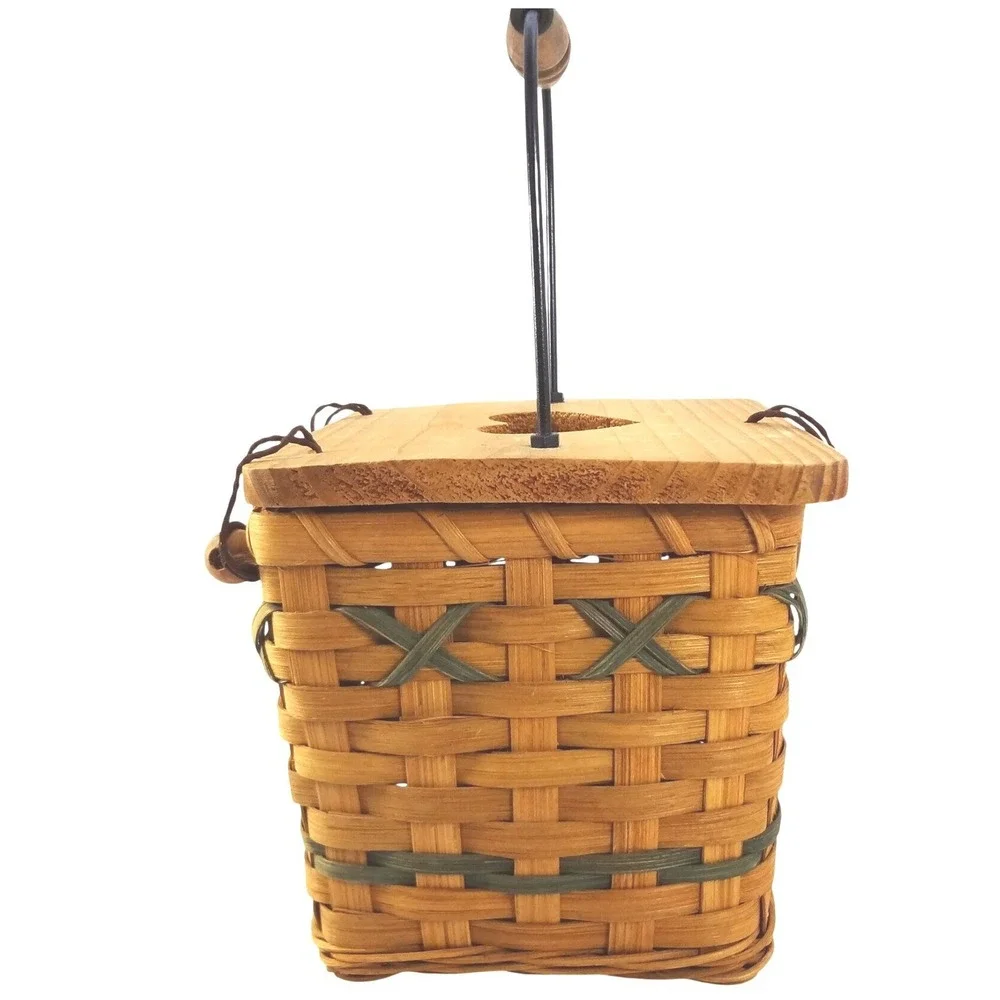 Hand Woven Wood Basket with Heart Cutout Lid Wire Handle‎ Rustic Farmhouse Decor